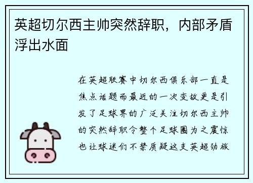 英超切尔西主帅突然辞职，内部矛盾浮出水面