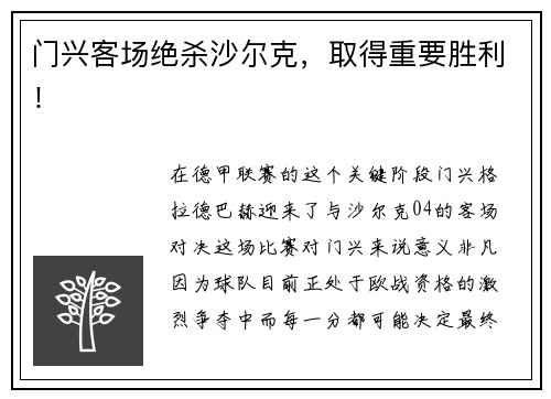 门兴客场绝杀沙尔克，取得重要胜利！