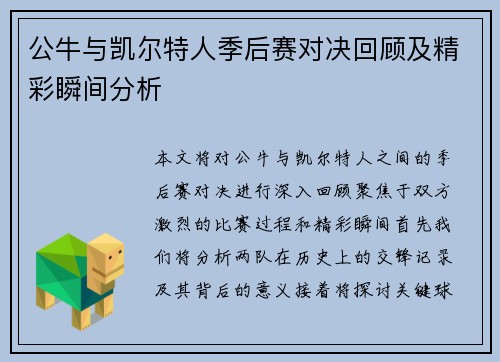 公牛与凯尔特人季后赛对决回顾及精彩瞬间分析