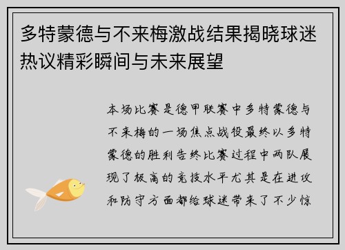 多特蒙德与不来梅激战结果揭晓球迷热议精彩瞬间与未来展望